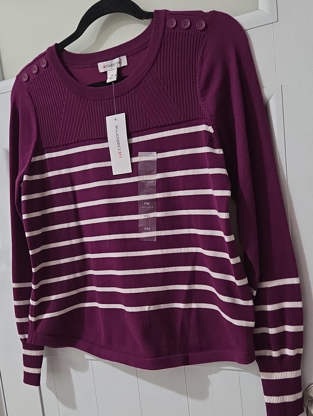Liz Claiborne Plum and White Striped Crewneck Sweater